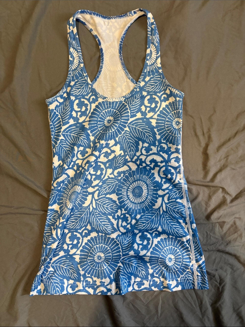 lululemon athletica Blue and White Floral Racerback Bodysuit Top